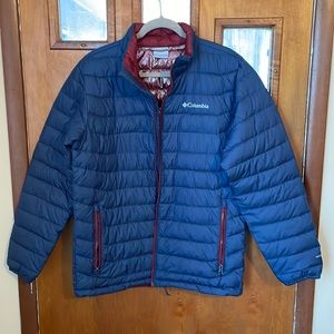 Navy blue and maroon Columbia jacket.